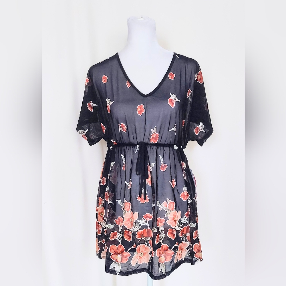Siren Lily Maternity Short Sleeve Tie Waist Tunic Top Black Floral Sz Small NWT